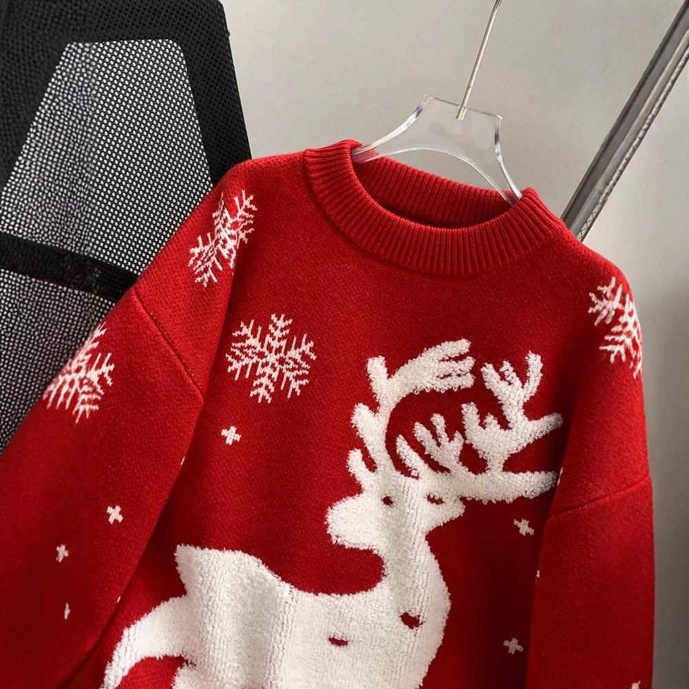 Weihnachtspullover für Damen, gestrickt, mit Rentier- und Schneeflocken