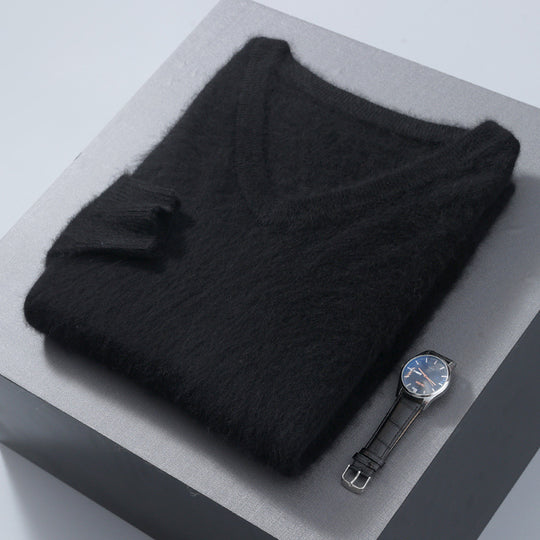 Herren-Wollpullover, V-Ausschnitt, locker, unifarben
