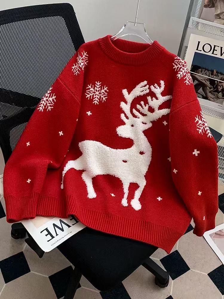 Weihnachtspullover für Damen, gestrickt, mit Rentier- und Schneeflocken