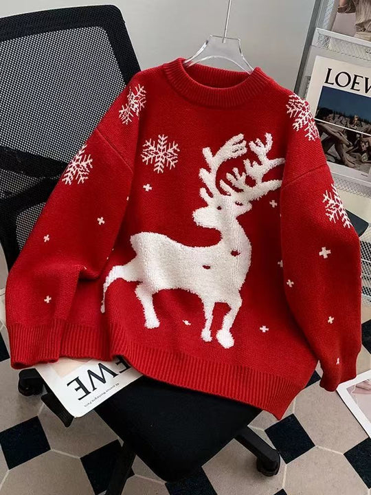 Weihnachtspullover für Damen, gestrickt, mit Rentier- und Schneeflocken