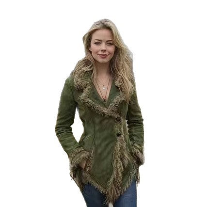 Damen-Wildlederimitat-Jacke mit Fellkragen und Revers