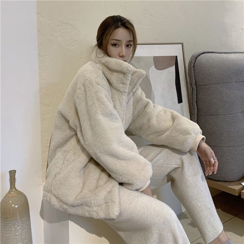 Damen-Plüschjacke mit Stehkragen, gefüttert