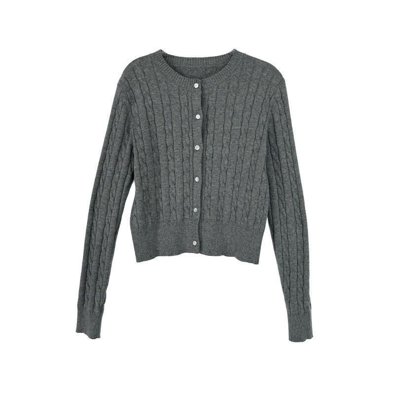 Damen-Strickjacke mit Zopfmuster und Rundhalsausschnitt
