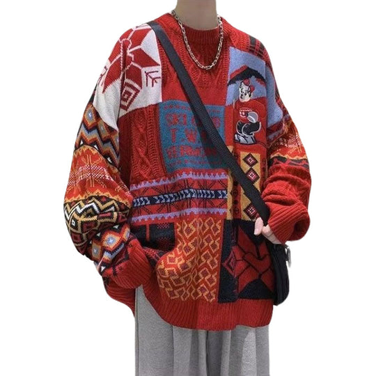 Herren-Strickpullover mit Bären-Stickerei und Stehkragen