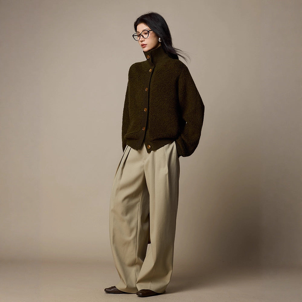 Damen-Strickjacke aus Wolle, hochgeschlossen