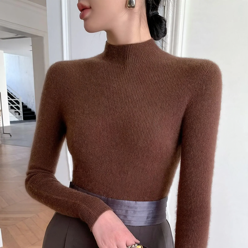 Damen-Woll-Strickpullover, Stehkragen, schmal geschnitten