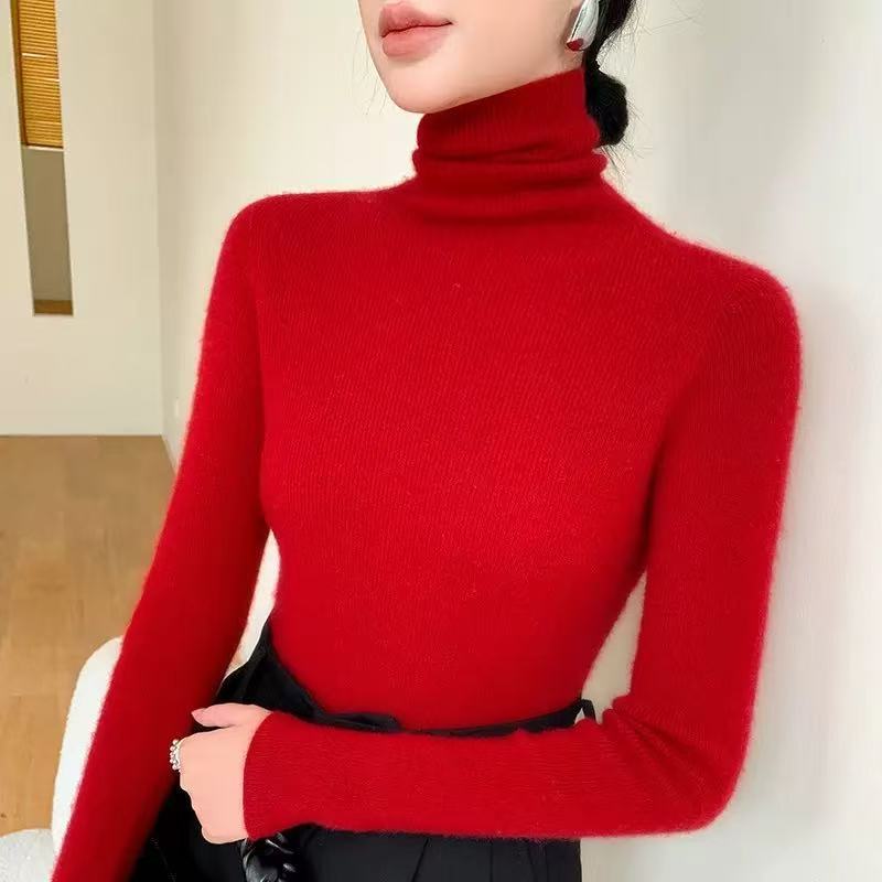 Damen-Woll-Strickpullover, Stehkragen, schmal geschnitten