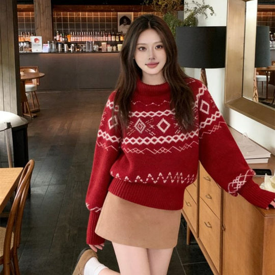 Roter Fair-Isle-Strickpullover mit Rollkragen