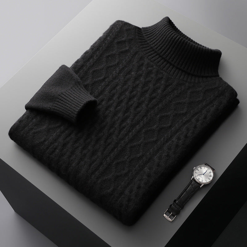 Herren-Wollpullover mit Reverskragen und Zopfmuster