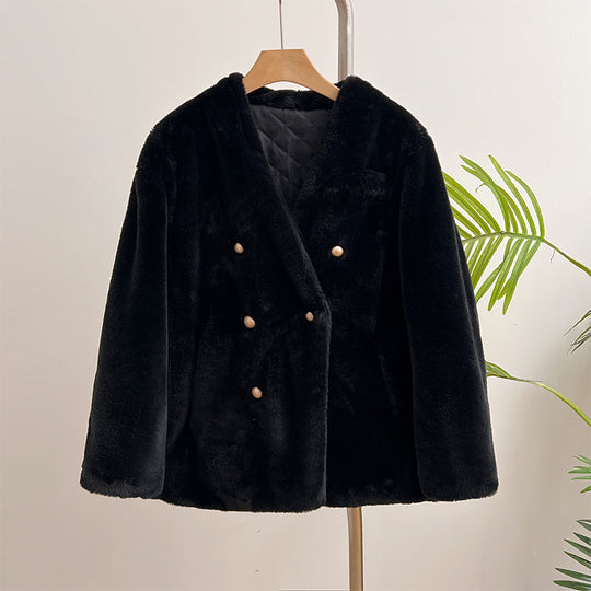 Damen-Plüschjacke mit V-Ausschnitt, warm und winddicht