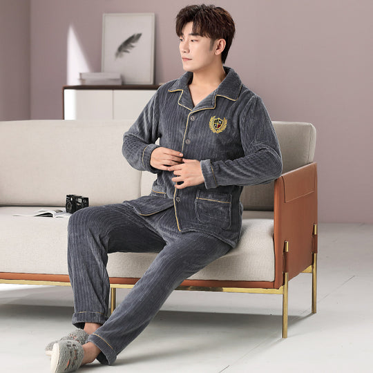 Warmer Herren-Hausanzug, Flanell, College-Stil, gefüttert