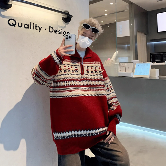 Weihnachts-Strickpullover, Polo-Kragen, Vintage-Stil