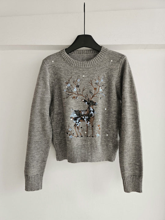 Strickpullover mit Rentier-Stickerei und Pailletten