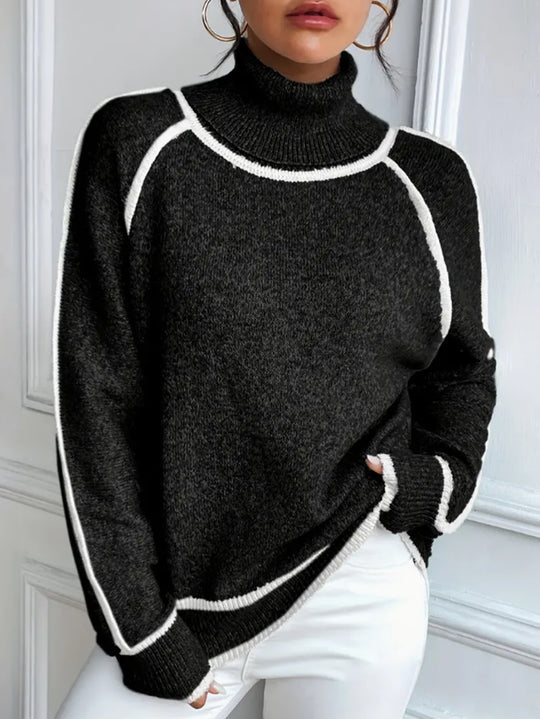 Damen-Strickpullover mit Stehkragen und Kontrastdetails