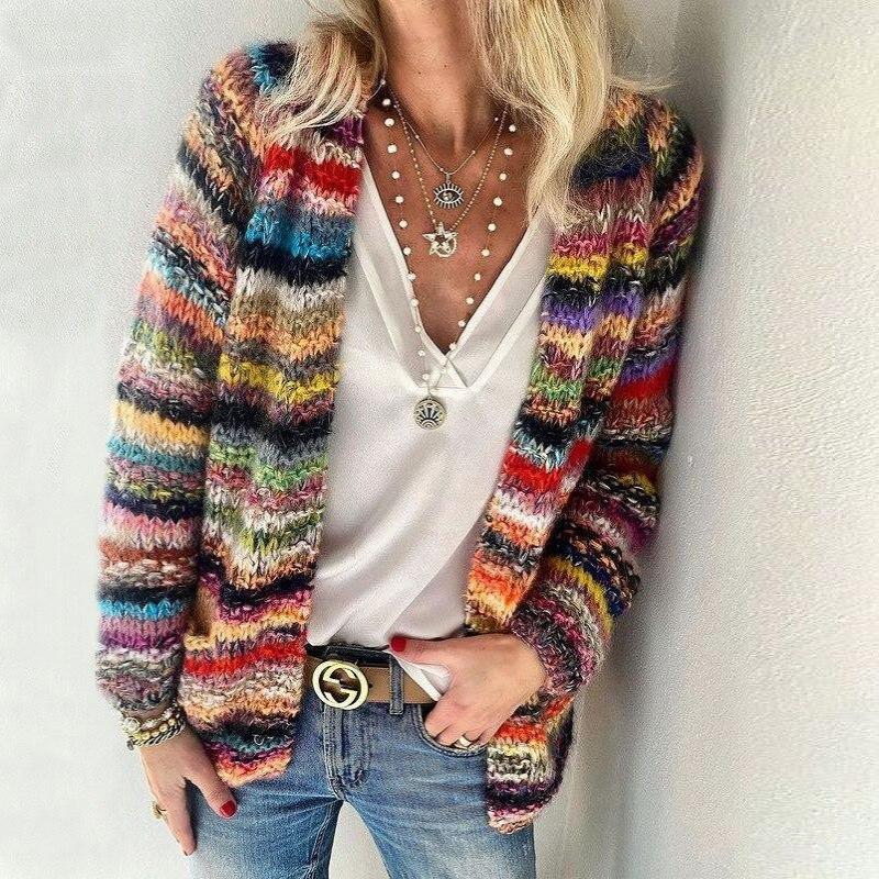 Mehrfarbige Warme Strickjacke Für Damen