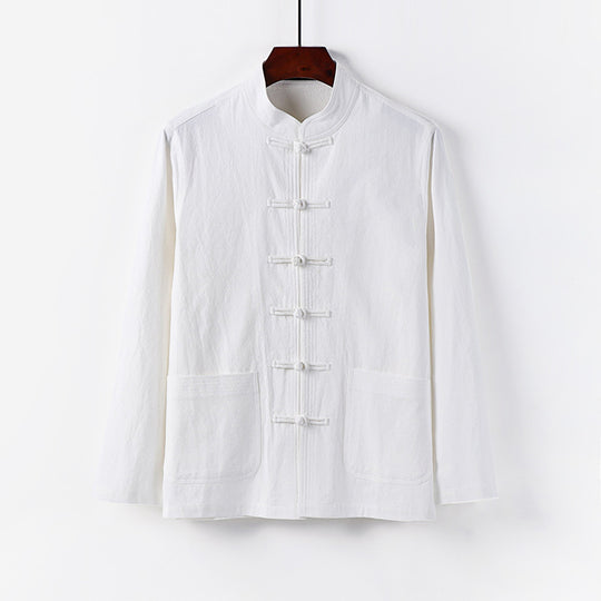 Herren traditionelle Tang-Jacke mit Stehkragen und Knotenknöpfen aus Leinenmischung Nord Taschen