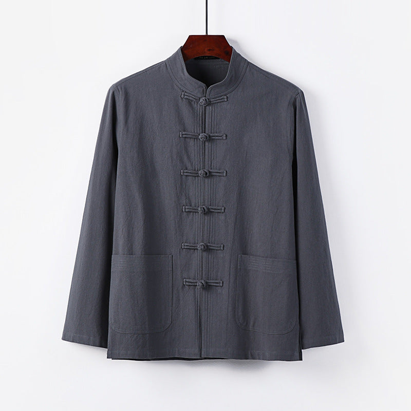Herren traditionelle Tang-Jacke mit Stehkragen und Knotenknöpfen aus Leinenmischung Nord Taschen