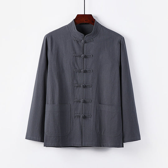 Herren traditionelle Tang-Jacke mit Stehkragen und Knotenknöpfen aus Leinenmischung Nord Taschen