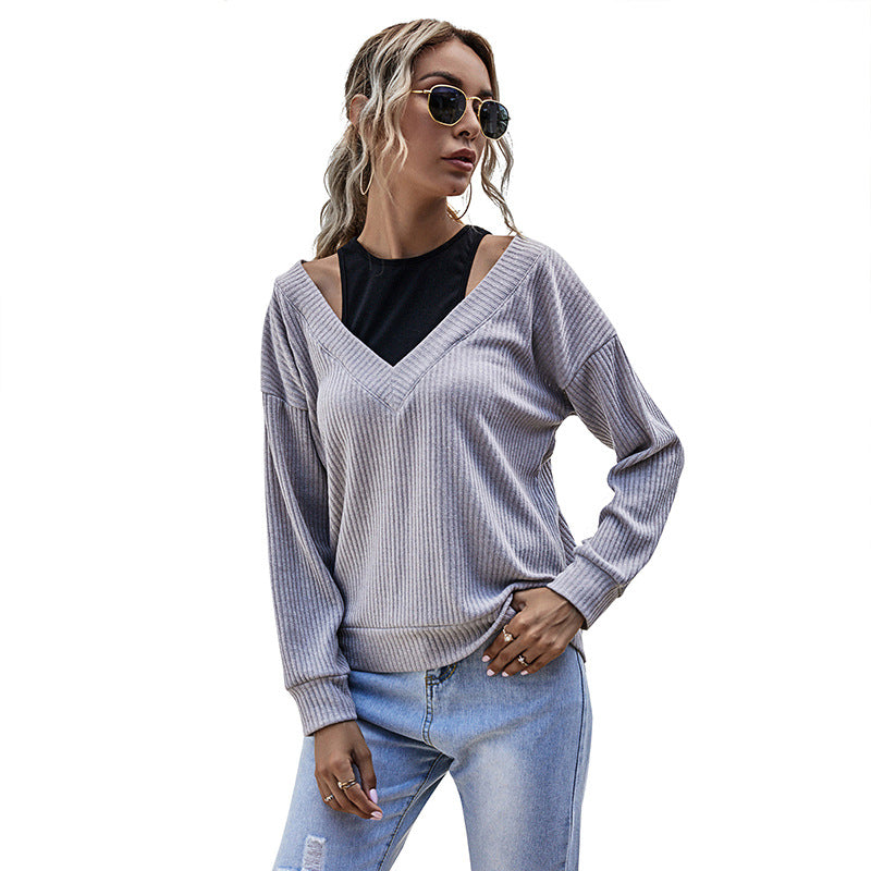 Damen Rippstrick V-Ausschnitt-Pullover mit Schulter-Cutouts und lockerem Oversize-Schnitt Nord Taschen