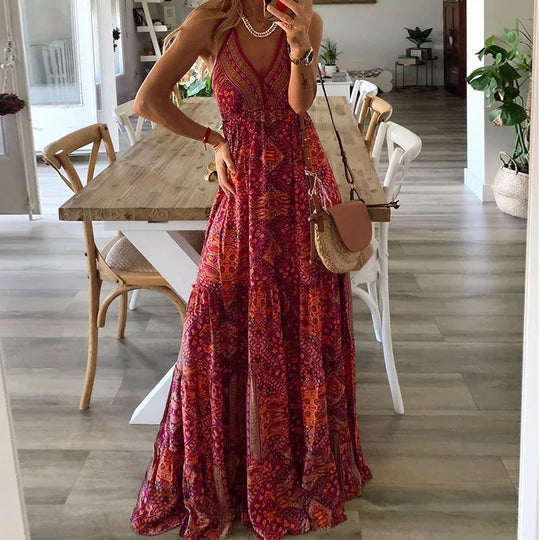 Bedrucktes Blumenkleid im Bohemian-Stil mit hoher Taille für Damen