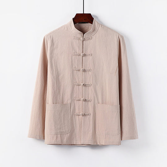 Herren traditionelle Tang-Jacke mit Stehkragen und Knotenknöpfen aus Leinenmischung Nord Taschen