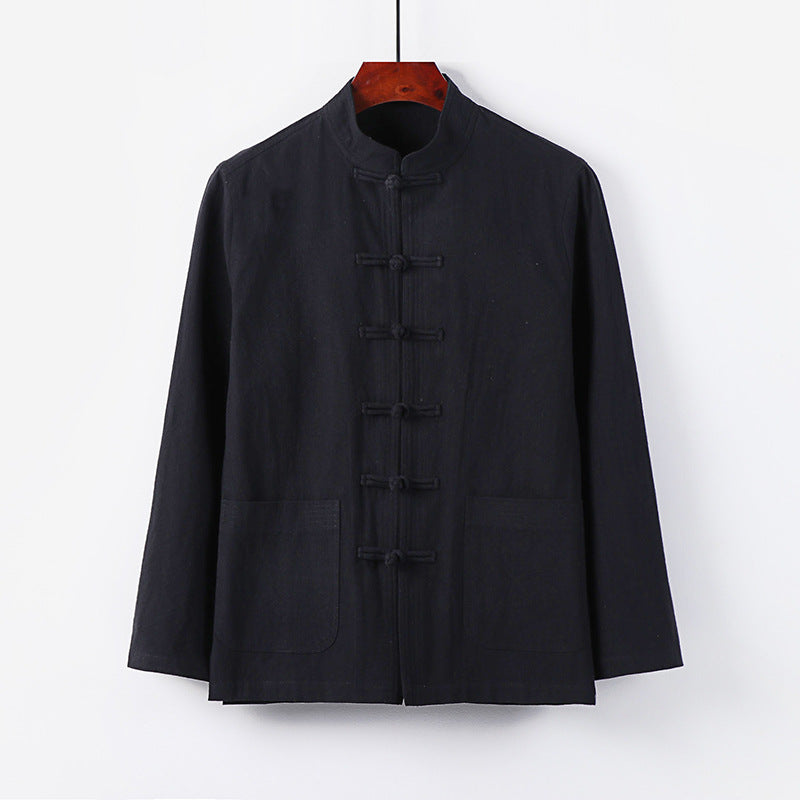 Herren traditionelle Tang-Jacke mit Stehkragen und Knotenknöpfen aus Leinenmischung Nord Taschen