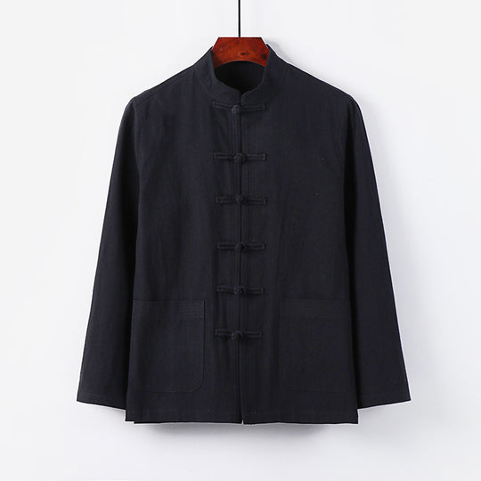 Herren traditionelle Tang-Jacke mit Stehkragen und Knotenknöpfen aus Leinenmischung Nord Taschen