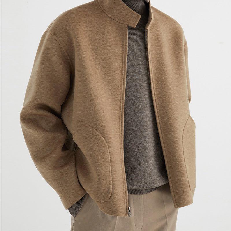 Herren Kurzgeschnittene Wollfleece-Übergangsjacke mit Stehkragen und geschwungenen Eingrifftaschen Nord Taschen