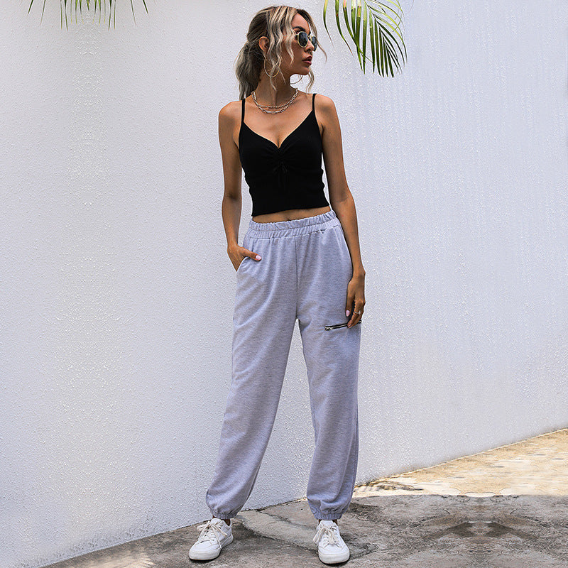 Damen Lässige High-Waist Sweathose mit Reißverschlusstasche und elastischem Saum Nord Taschen