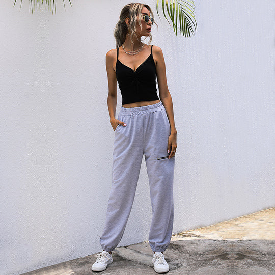 Damen Lässige High-Waist Sweathose mit Reißverschlusstasche und elastischem Saum Nord Taschen