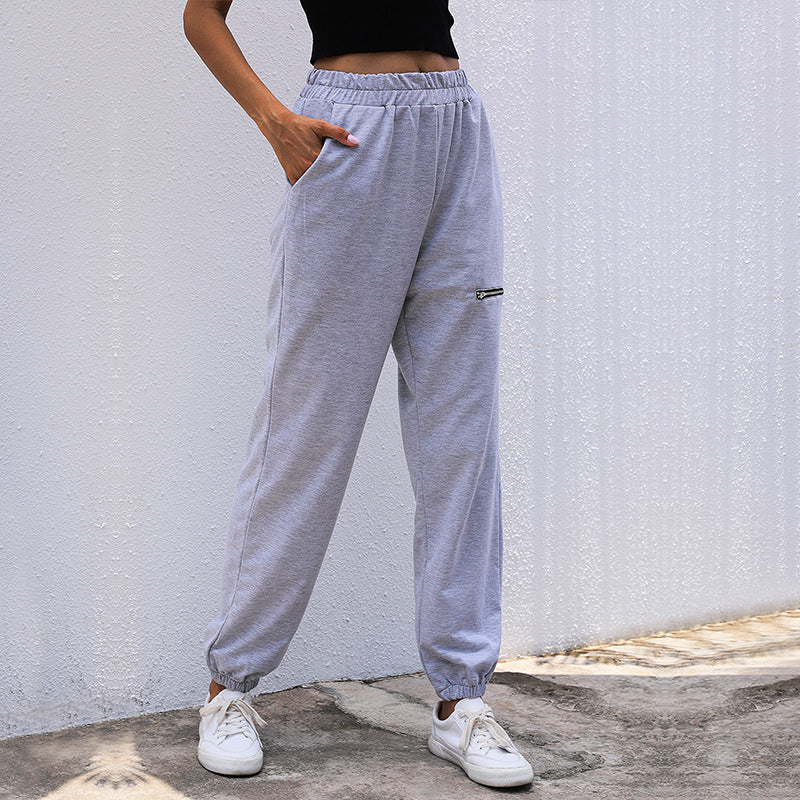 Damen Lässige High-Waist Sweathose mit Reißverschlusstasche und elastischem Saum Nord Taschen