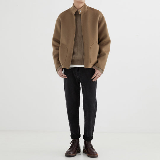 Herren Kurzgeschnittene Wollfleece-Übergangsjacke mit Stehkragen und geschwungenen Eingrifftaschen Nord Taschen