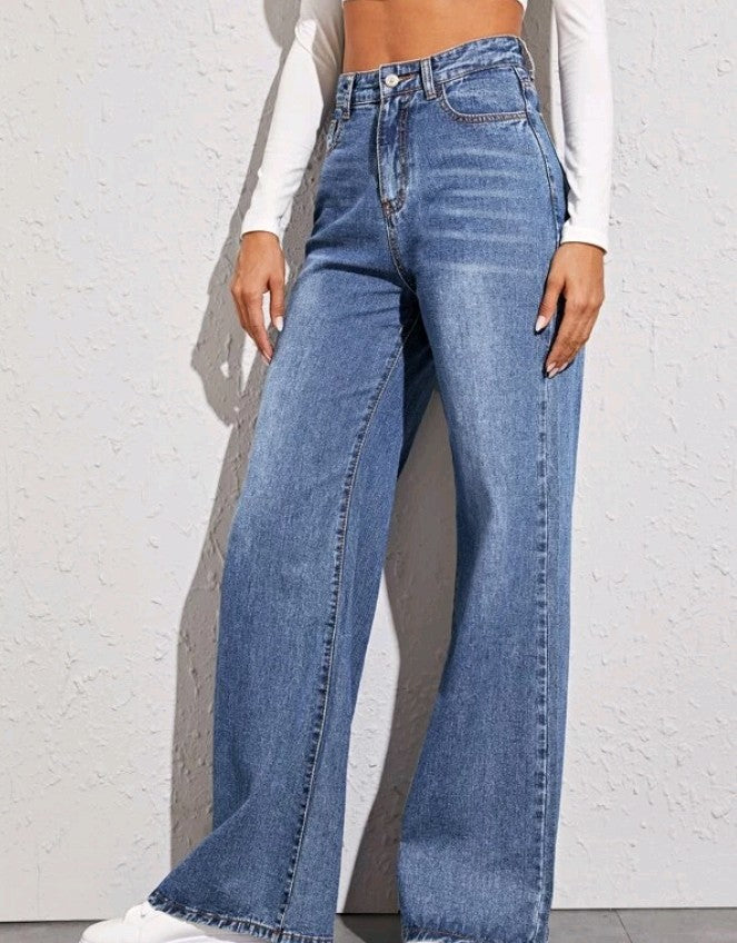 Damen hochgeschnittene weite Denim-Jeans mit extra weitem Bein und rohem Saum Nord Taschen