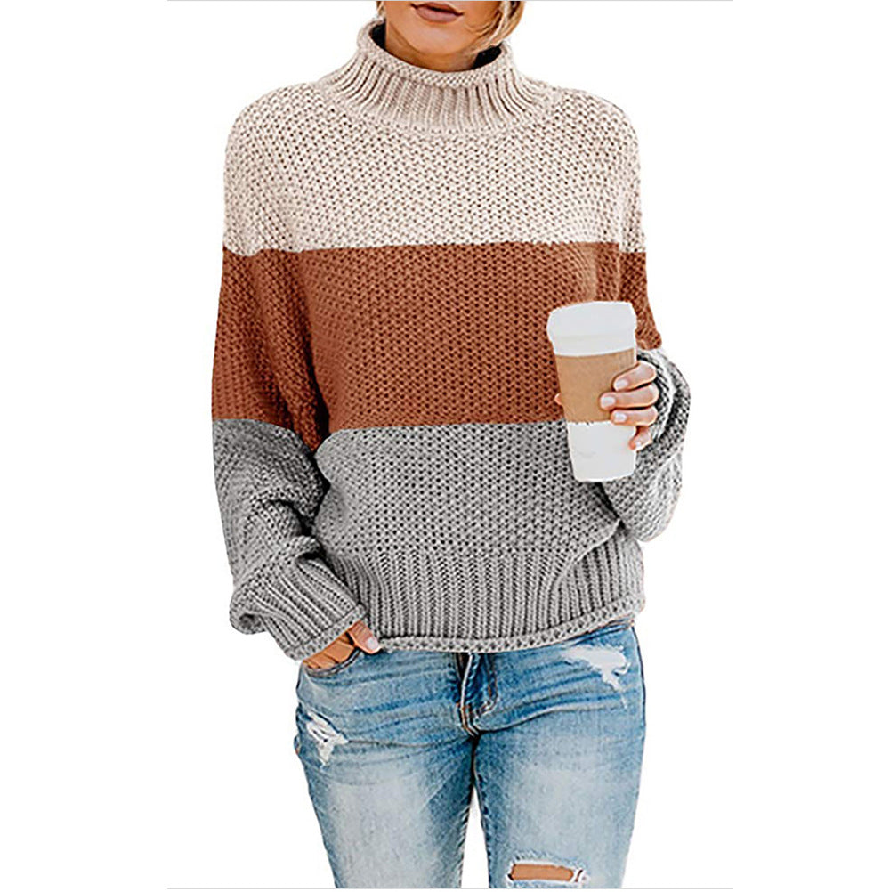 Damen Grobstrick-Pullover mit Stehkragen, Blockstreifen und Oversize-Passform Nord Taschen