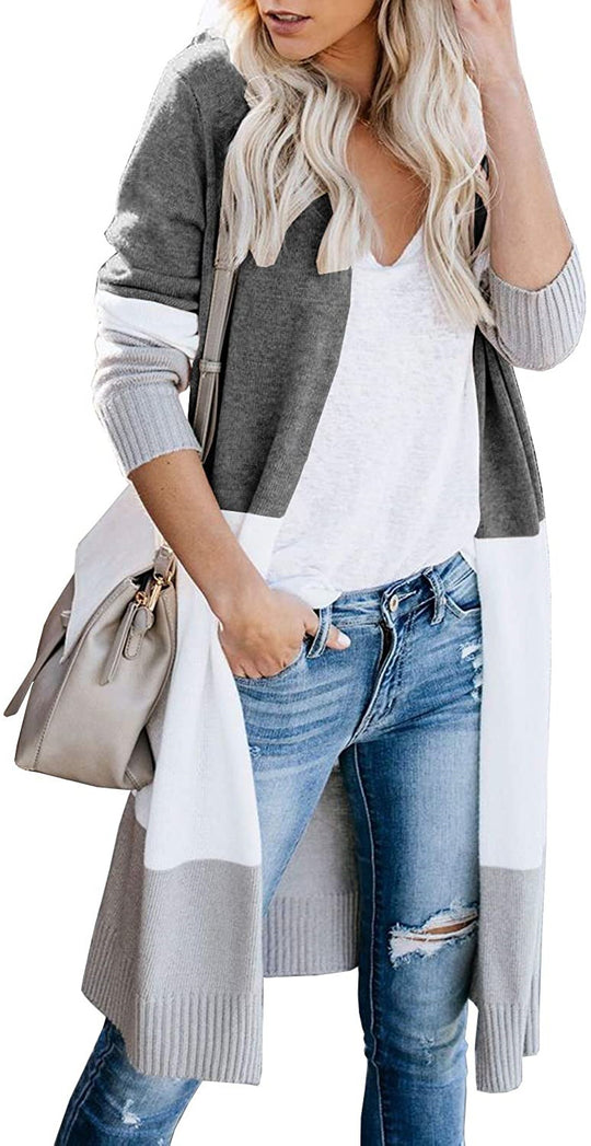 Damen Longline-Cardigan mit Colorblock, geripptem Saum und offener Front Nord Taschen