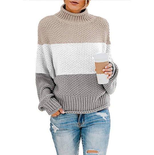 Damen Grobstrick-Pullover mit Stehkragen, Blockstreifen und Oversize-Passform Nord Taschen