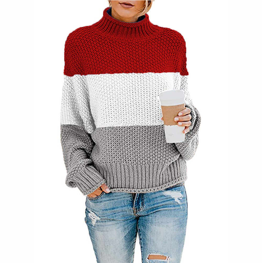 Damen Grobstrick-Pullover mit Stehkragen, Blockstreifen und Oversize-Passform Nord Taschen
