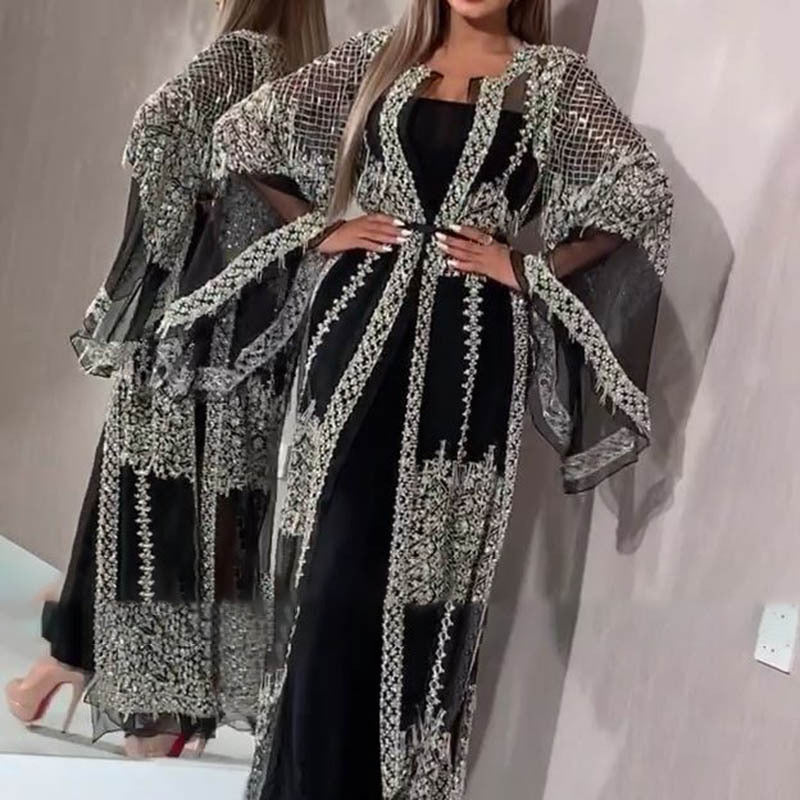 Damen Elegante Kaftan Robe aus transparentem Stoff mit aufwendigen Verzierungen