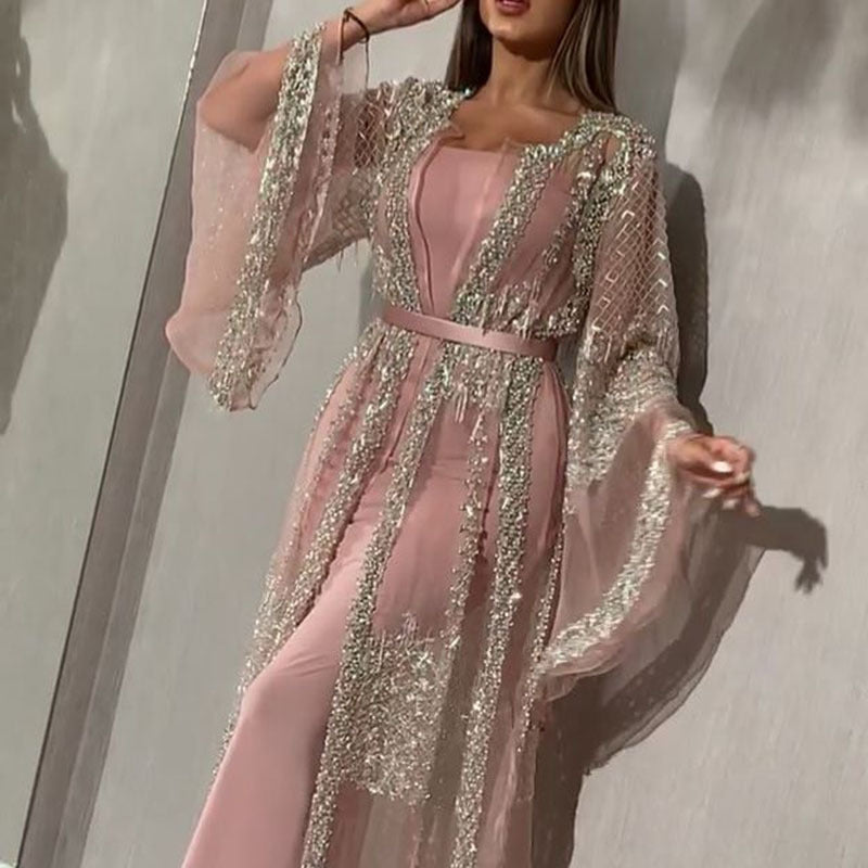 Damen Elegante Kaftan Robe aus transparentem Stoff mit aufwendigen Verzierungen