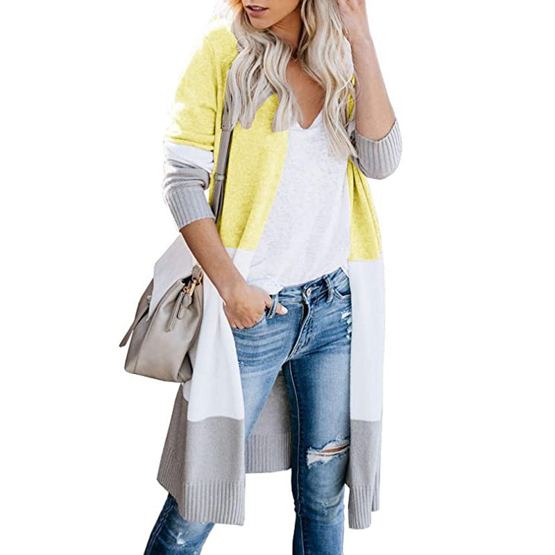 Damen Longline-Cardigan mit Colorblock, geripptem Saum und offener Front Nord Taschen
