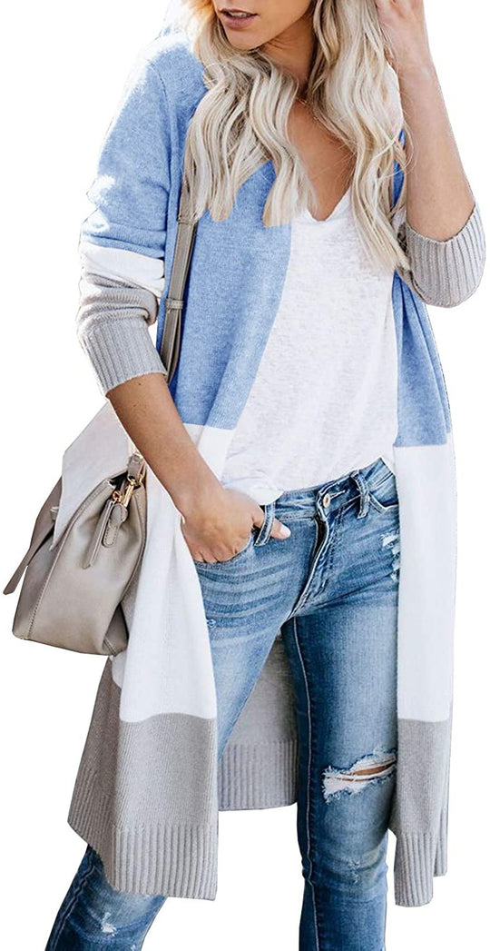 Damen Longline-Cardigan mit Colorblock, geripptem Saum und offener Front Nord Taschen