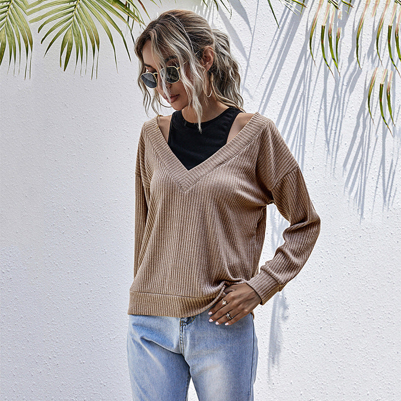 Damen Rippstrick V-Ausschnitt-Pullover mit Schulter-Cutouts und lockerem Oversize-Schnitt Nord Taschen