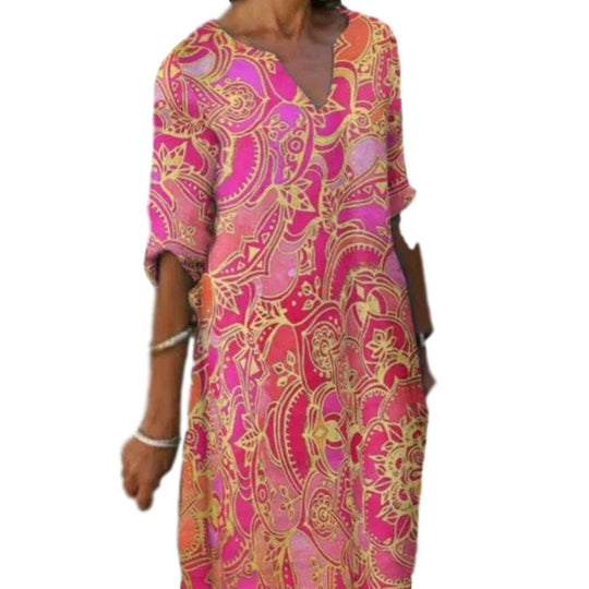 Damen Freizeitleichtkleid mit elegantem V-Ausschnitt und buntem Muster