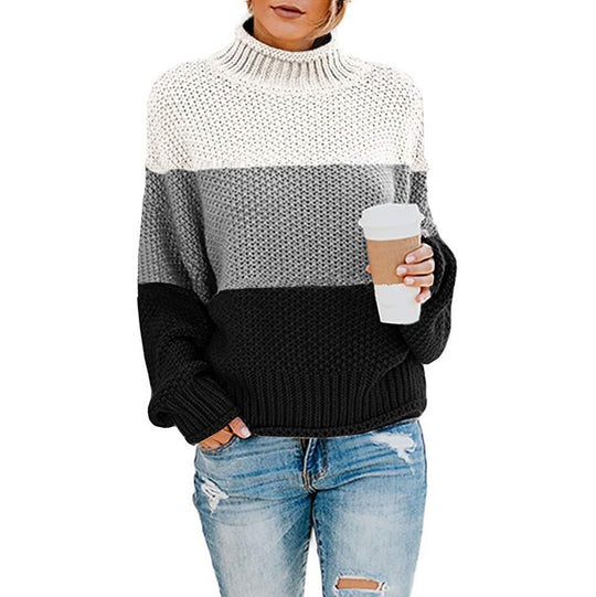 Damen Grobstrick-Pullover mit Stehkragen, Blockstreifen und Oversize-Passform Nord Taschen