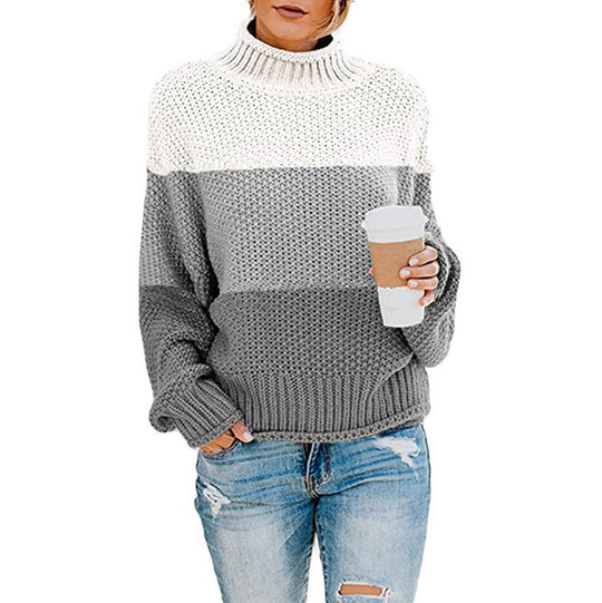 Damen Grobstrick-Pullover mit Stehkragen, Blockstreifen und Oversize-Passform Nord Taschen