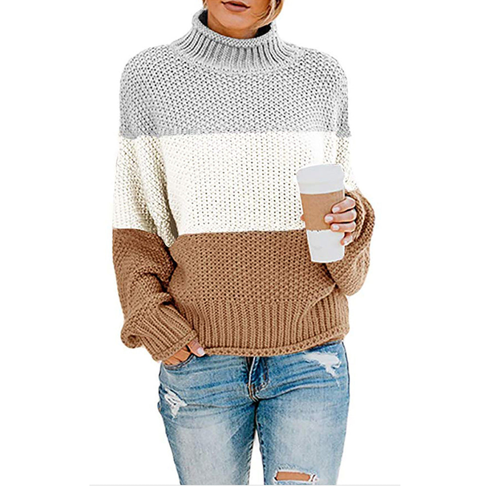 Damen Grobstrick-Pullover mit Stehkragen, Blockstreifen und Oversize-Passform Nord Taschen