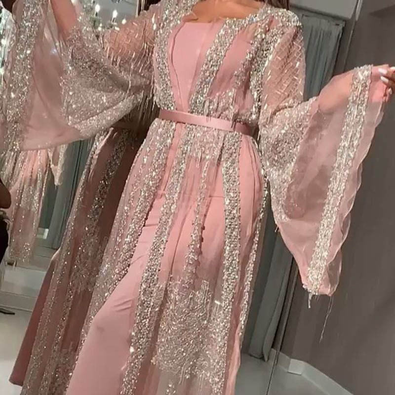 Damen Elegante Kaftan Robe aus transparentem Stoff mit aufwendigen Verzierungen