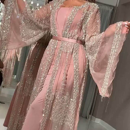 Damen Elegante Kaftan Robe aus transparentem Stoff mit aufwendigen Verzierungen