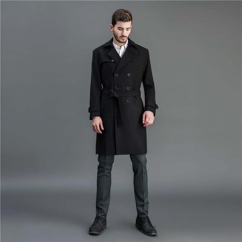 Herren Maxilanger Woll-Mantel im Trench-Look mit doppelreihiger Knopfleiste und Bindegürtel Nord Taschen