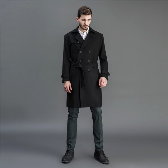 Herren Maxilanger Woll-Mantel im Trench-Look mit doppelreihiger Knopfleiste und Bindegürtel Nord Taschen